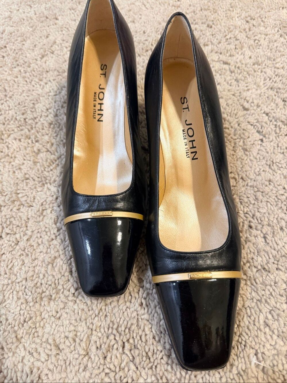 St. John Black Leather Gold Cap Toe Square Pumps Heels Women's Size 8.5
